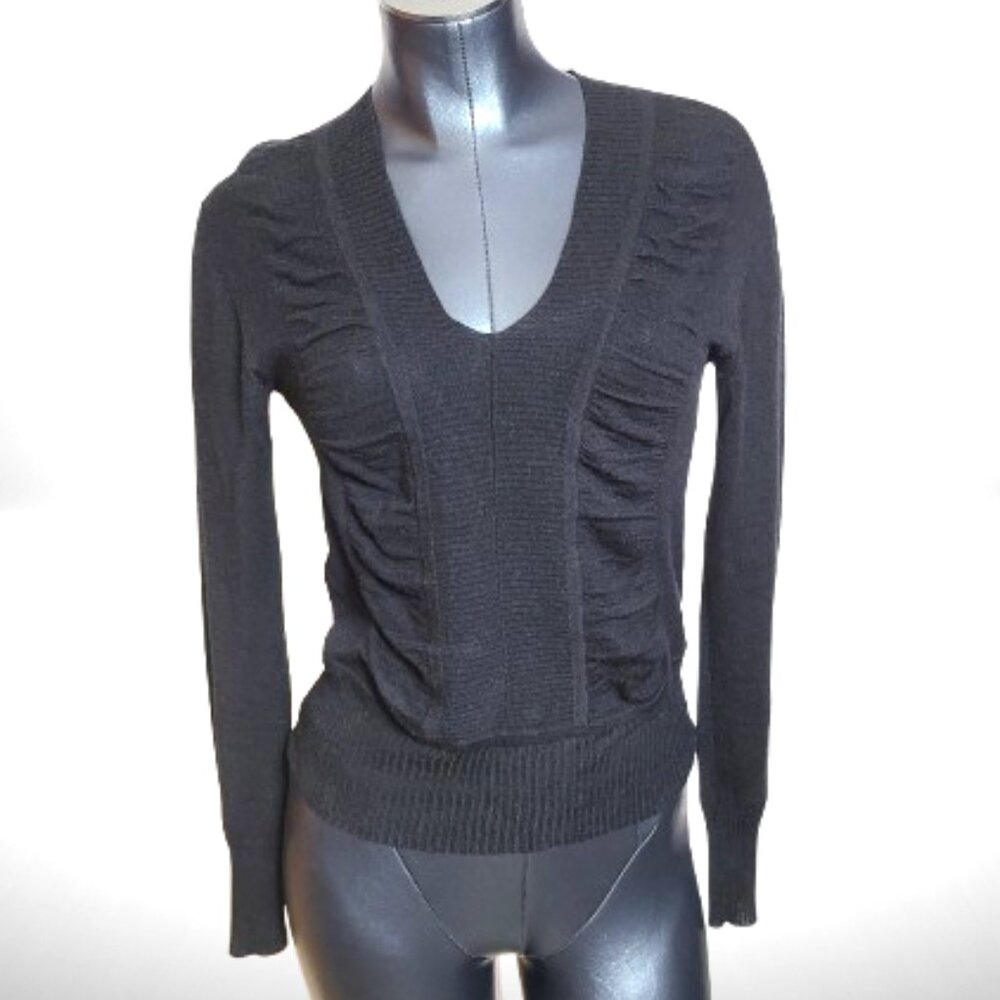 Hervé Léger Paris Black Rib-Knit Ruched V-Neck Sweater Top – Size S